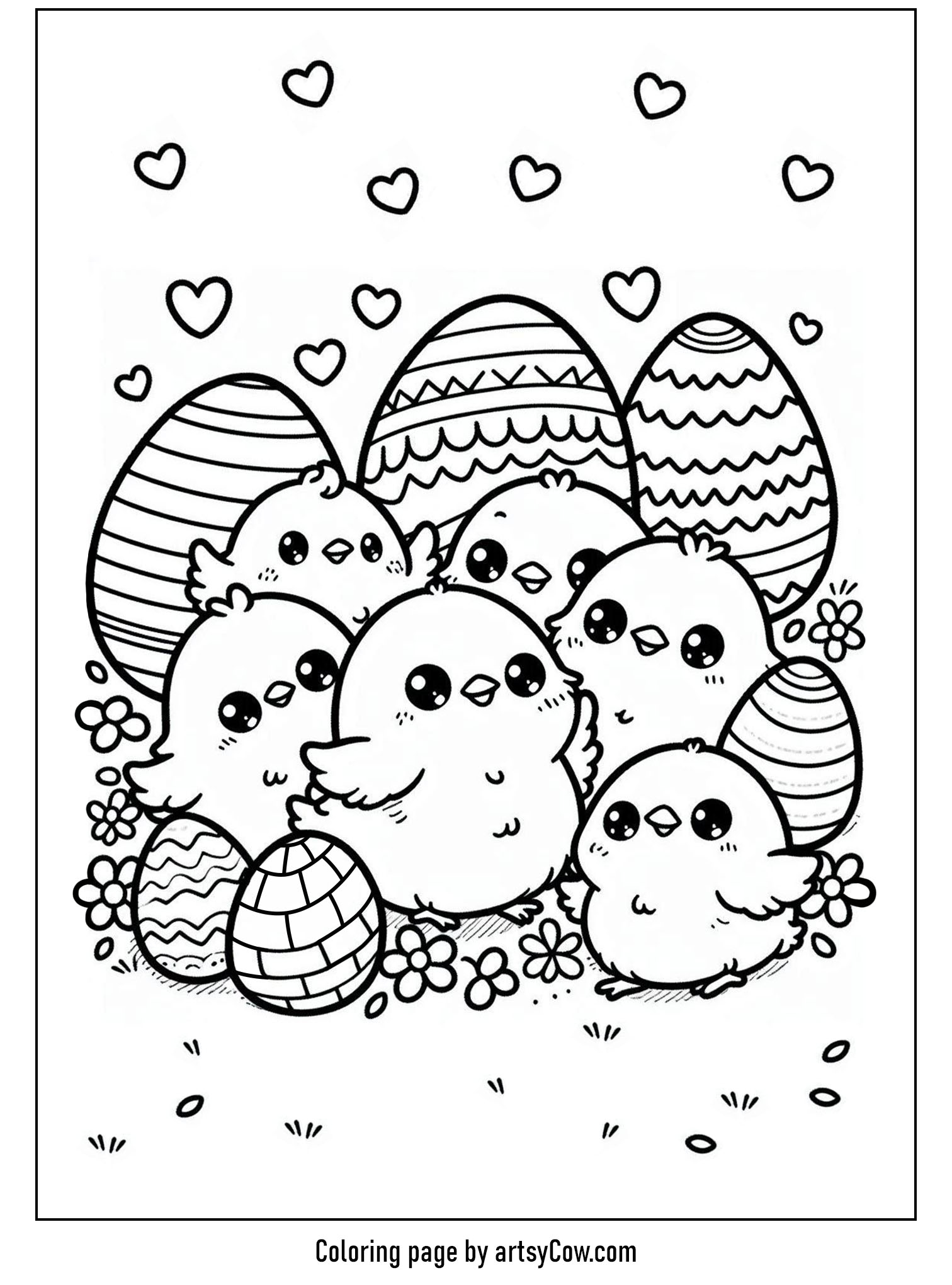 Easter Egg Coloring Pages featuring a cluster of adorable chicks surrounded by decorated eggs and little hearts.